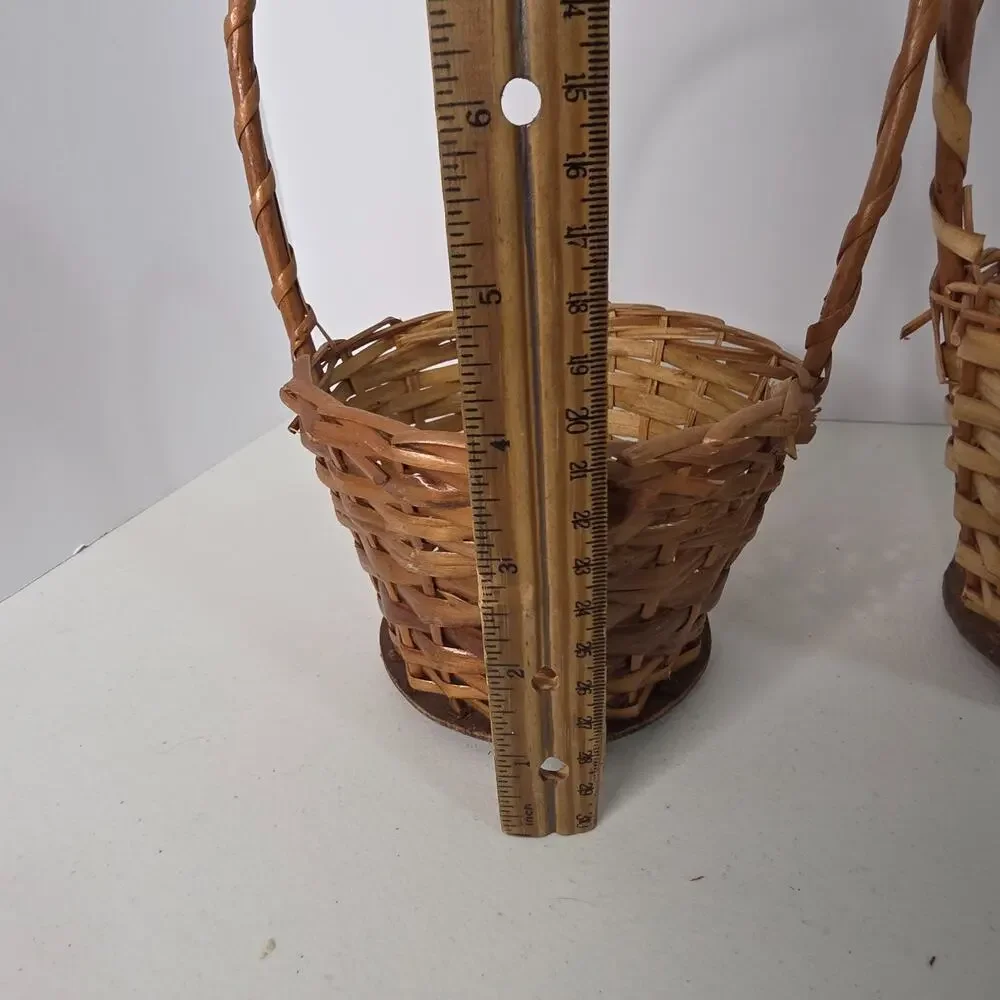 Pair of Vintage Rustic Wicker Baskets High Fixed Handles Country Decor